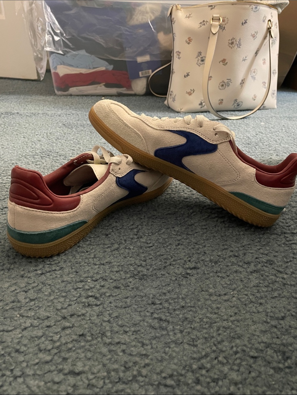 Skechers Cream Suede Sneakers with Navy, Burgundy & Teal Accents